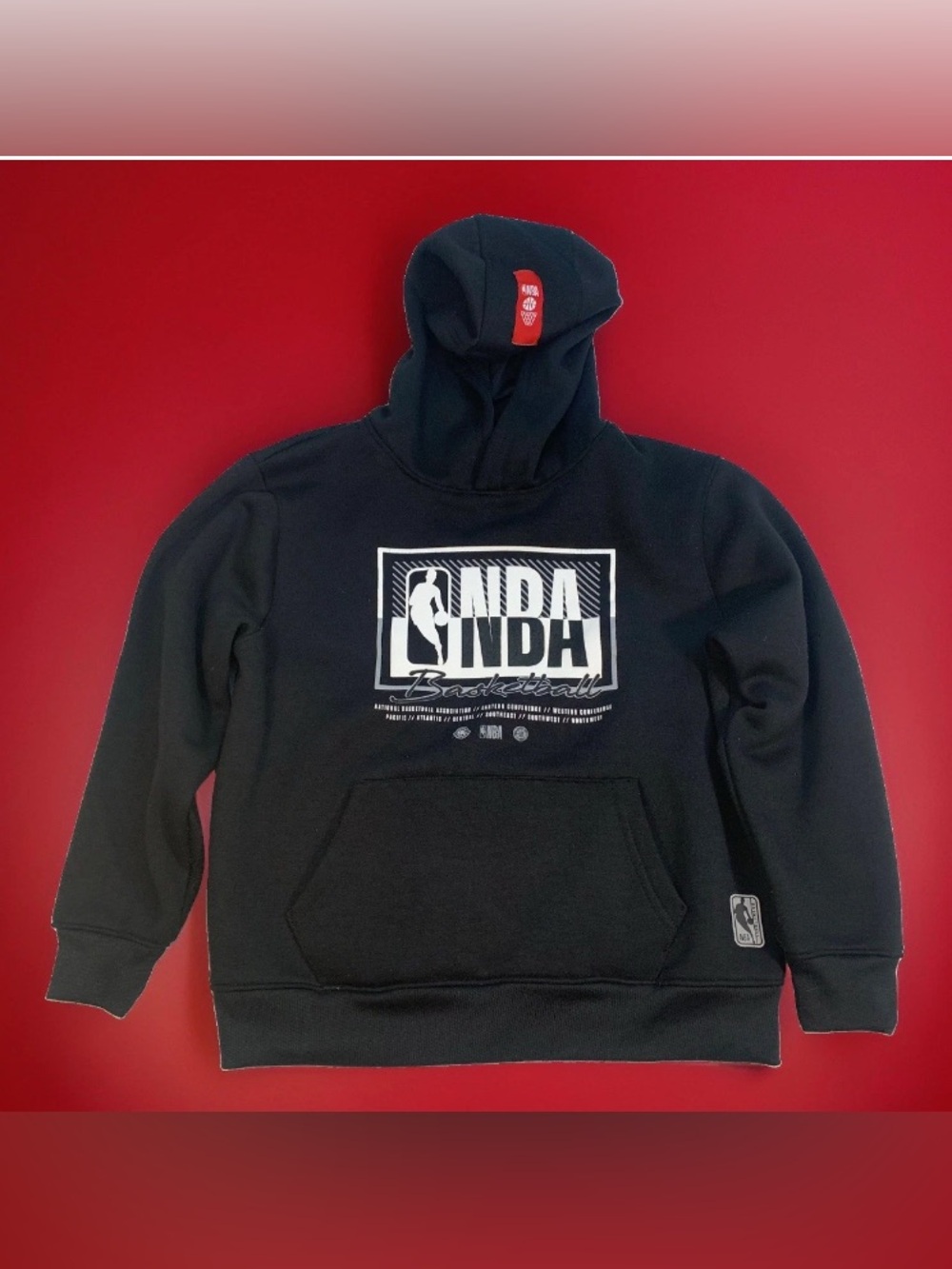 NBA Boys 10/12 Basketball Black Hoodie with White Chest Logo and Red Hood Tag